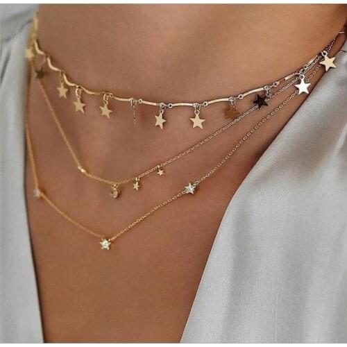 Fashion Necklace Three layers star moon pendant white black color metal chain gold color plated women gift