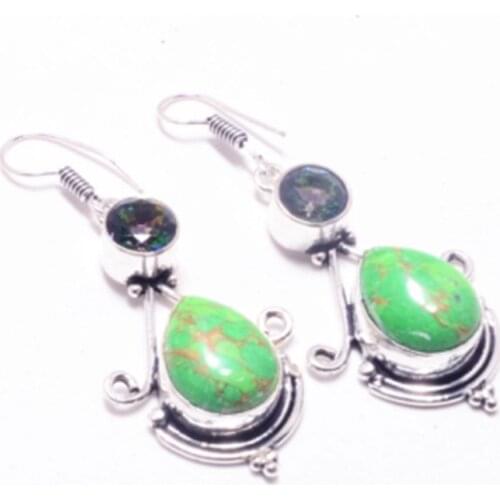 Nature Green Copper Turquoise + Mystic Topaz Silver Overlay on Copper Earrings Hand made Women Jewelry Gift , E5166