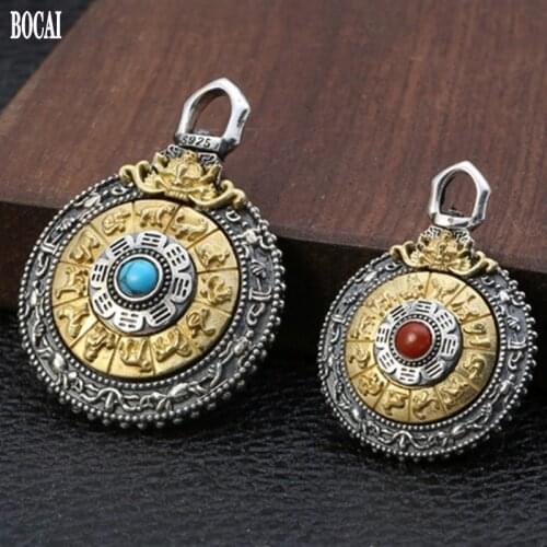 BOCAI New 100% s925 real Silver Zodiac Sign Manjushri Jiugong Gossip Thai Silver Revolving Buddhism Pendant for Men and Women