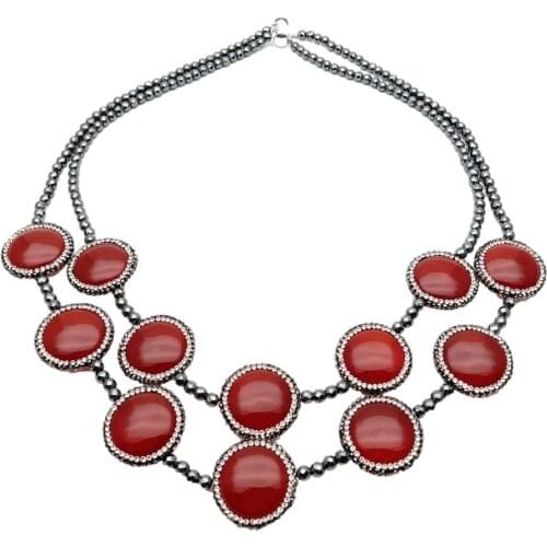 YYGEM 2 Strands Faceted Hematite Red Agate Coin Shape Trimmed With Black Crystal Necklace 20"