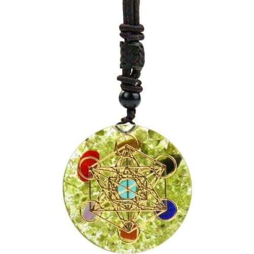 Orgone 7 Chakra Pendant Natural Peridot Crystal Reiki Healing Energy Generator EMF Radiation Protection Orgonite Necklace