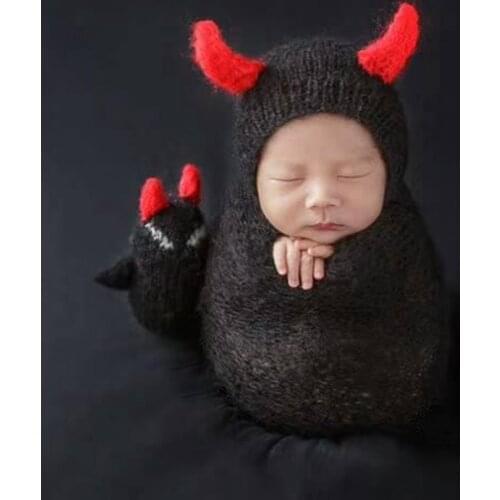 Newborn Mohair Little Devil Hat+Wrap+Doll for Baby Photography Props bebe fotografia Accessories Baby Photo Shoot Cartoon Props
