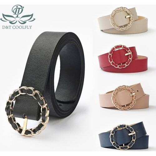 D&T New Leather Belt Women Men Waist Luxury Jeans Circle Metal Decorative Buckle Elegant Girls Female Lady Casual Style Fashion