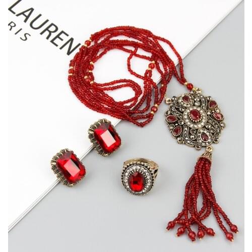 Sunspicems Elegent Red Crystal Wedding Jewelry Sets Beads Necklace Ring Stud Earring for Women Antique Gold Color Turkish Bijoux
