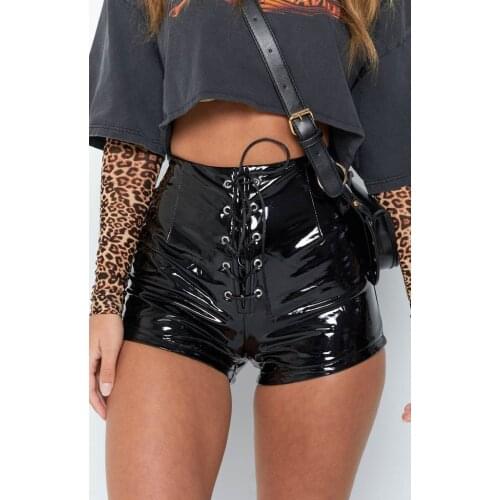 Womens Shiny Metallic Solid Sexy Faux PU Leather Criss Cross Lace up High Waisted Booty Hot Shorts Mini Women biker Shorts