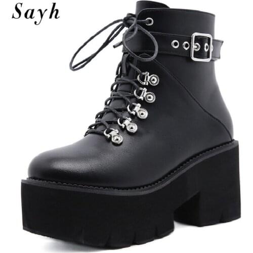 Women Metal Buckle Ankle Boots Shoes Pu Leather Round Toe Platform Chunky Heels Punk Rivet Rome Shoes