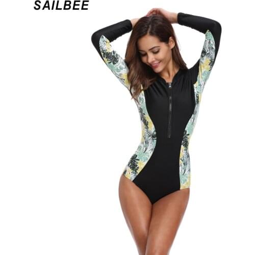 Long Sleeve Rash Guard Women Floral Print Swimwear Zipper One Piece Swimsuit High Neck Surf Suit Black Dive Bodysuit Beachwear