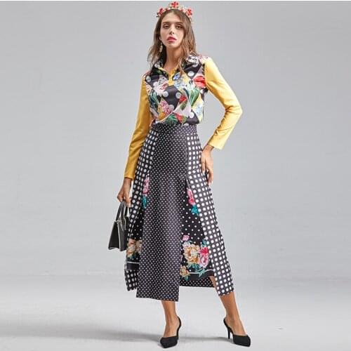 Pieces Runway Fashion 2 Spring New Arrival Flower Shirt + Dots Print Patchwork Skirt Elegant Party Sets