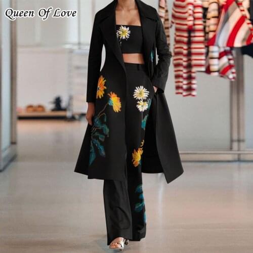 3 Piece Set Women Long Jacket + Vest + Wide Leg Pant Suit 2020 New Streetwear Office Lady Floral Print Long Blazer Pants Outfits