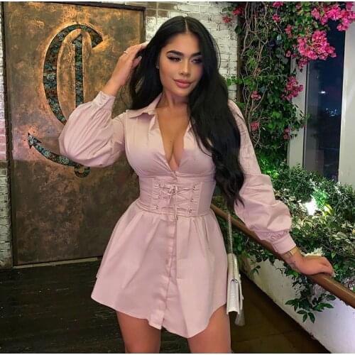2019 Ruffles Women Shirt Dresses Lace Up Casual Long Sleeve Button Office Ladies Dresses Solid Sashes Summer Autumn Mini Dress