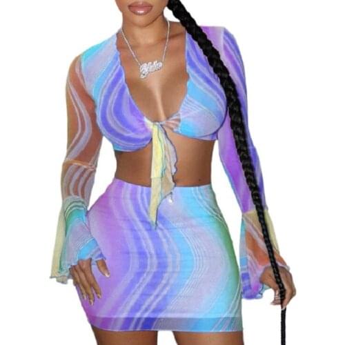 TYJTJY Tie Dye Beach Sexy Dress Women Two Piece Set Club Outfits Long Sleeve Crop Tops And Mini Skirts Bodycon Summer Dress
