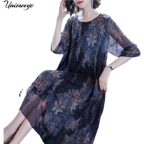 2020 New Summer Middle Aaged Women Half Sleeve Midi Dress Female Flower Print Chiffon Plus Size 4xl Dresses Vestitos W142