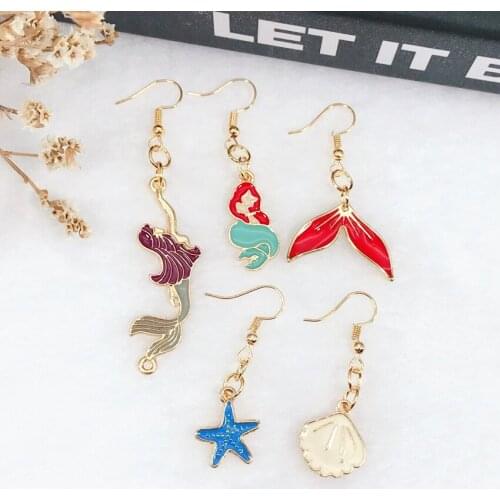 1pair Kawaii Flatback Alloy Ocean Series Drop Earrings Multicolor Alloy Shell Mermaid Earrings Jewelry for Children and Woman