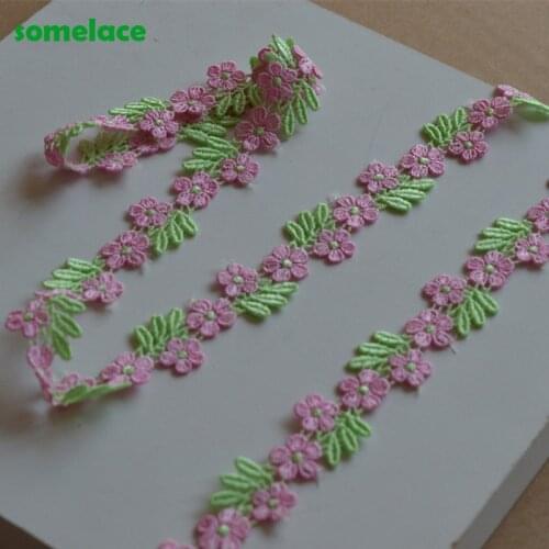 15Yds/Lot)2cm Wide Pink Flower Green Leaf Mixed High Quality Venise Lace DIY Handmade Lace Accessories Textile Fabrics