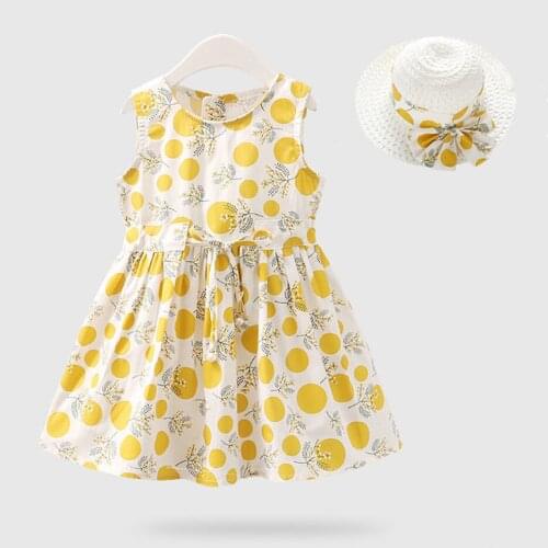 2PCS/Set Girls Dress +Hat Cotton Princess Dress Kids Party Dresses Baby 2021 Summer Floral Girl Sleeveless Dress for Children