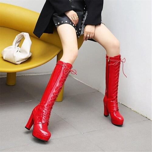 2021 Hot Sale Autumn Lacing Knee High Boots Women Fashion White Square Heel Woman Leather Shoes Winter PU Long Boot Large Size 9