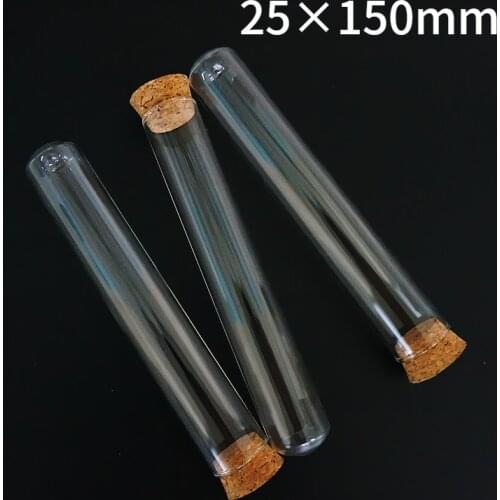 6pcs/lot 25x150mm Clear Lab Glass Test Tube With Cork Stoppers Round Bottom Pipes Laboratory Supplies