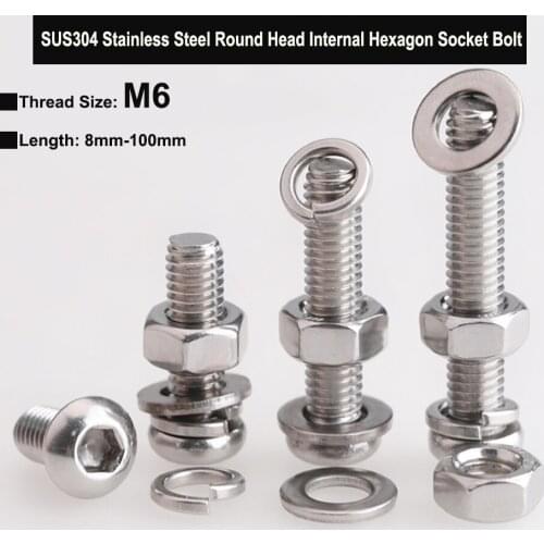 M6 Stainless Steel 304 Round Head Internal Hexagon Socket Bolt Three Combination Screw with Plain Washer Spring Washer and Nut