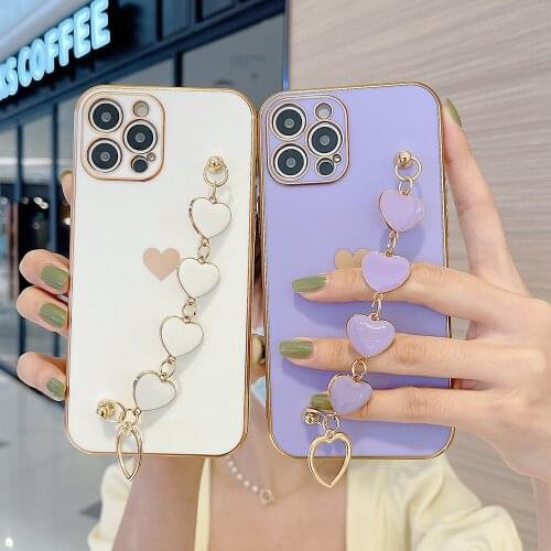 Plating Love Heart Wrist Chain Bracelet Candy Color Phone Case For iPhone 11 12 Pro Max 12 Mini XS Max X XR 8 7 Plus Soft Bumper