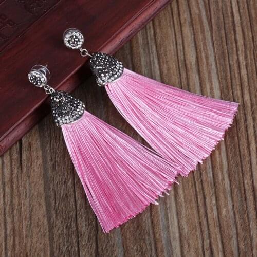 Dankaishi 14 Color Vintage Bohemian Crystal Long Silk Tassel Earring Women Rhinestone Charm Stainless Steel Dangle Drop Earrings