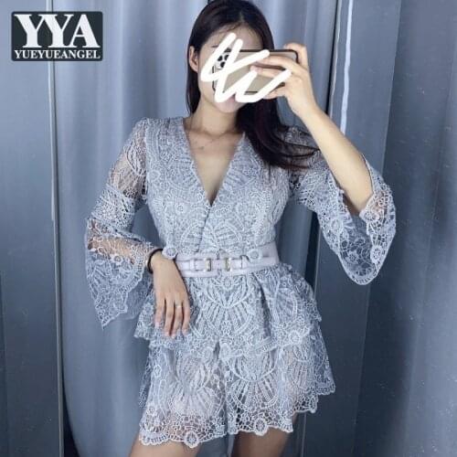 Elegant Ladies Flowers Crochet Evening Dress Women Hollow Out V Neck Flare Sleeve Sexy Mini Dresses Vintage Belted Party Dress
