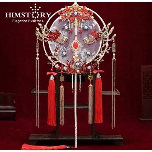 HIMSTORY Vintage Fan Handmade Phoenix Red Tassel Fans Traditional Chinese Style Wedding Dress Bridal Hand Bouquet