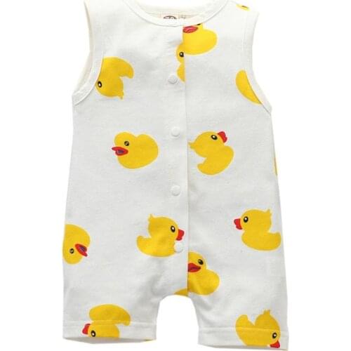 Rompers Sleeveless Baby Boys Girls Cotton Round Neck Cartoon Small Yellow Duck Print Jumpsuit