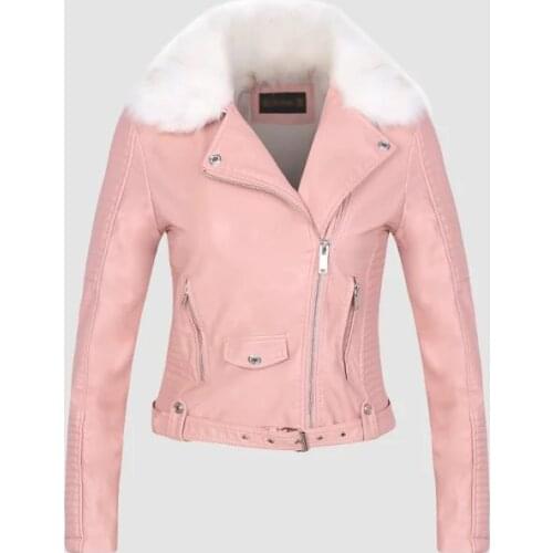 Jackets with Fur Collar Belt Lady Black Pink Motorcycle Biker Outerwear Coats 2021 Hot Fashion Women Winter Warm Faux Leather