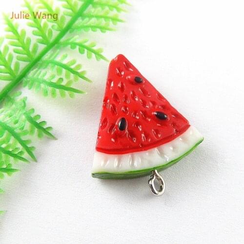 Julie Wang 5PCs Mini Resin Charms Red Color Watermelon Shape Pendants Handmade Hanging Zipper Gift Bracelet Accessory