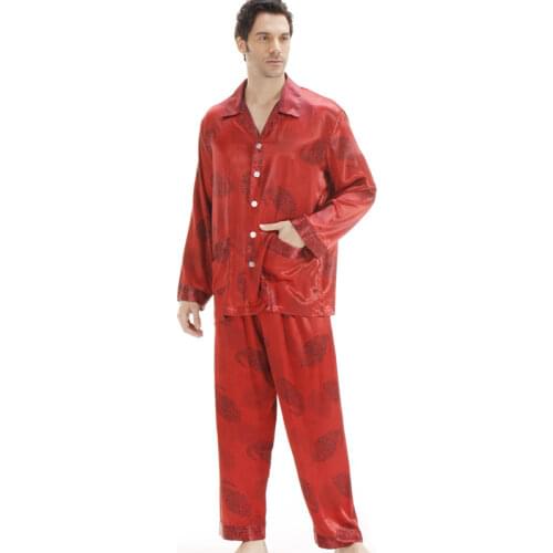 Luxury Chinese Red Short/Long Pajama Couple Satin Silk Nightwear Men Silk Pajamas Satin Pjs