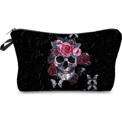 New Trend Hot Sale Cosmetic Bag Skull Floral Print Black Organizer Female Halloween Gift Candy Bag Cool Style Fashion Coin Purse