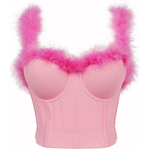 2021 New Women Plush Camisole Top Pink Short Cute Stitching Girly Feather Crop Top Bustier Bra Night Club Party Vest Female Y744