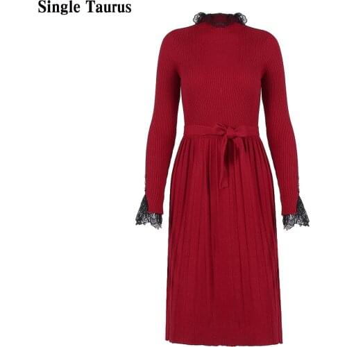 2020 Autumn Winter Sweater Slim Elastic Skinny Lady Bodycon Knitted Dresses LaceTurtleneck Sexy Female Robe Dresses Vestidos