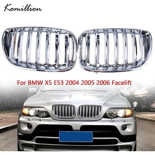 1Pair Car Front Center Wide Kidney Hood Grille Chrome Silver Racing Grilles Car Styling for BMW X5 E53 2004 2005 2006 Facelift