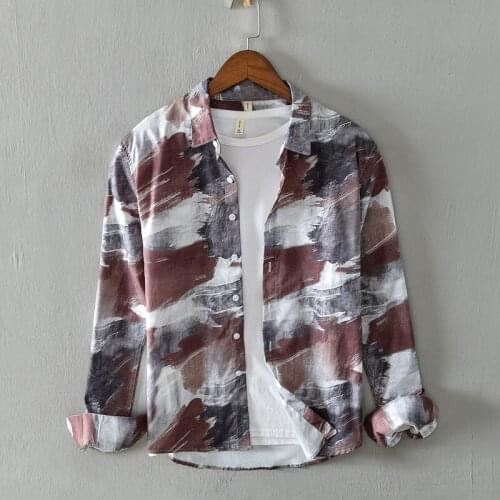 Long sleeve print casual shirt men autumn and spring printed shirts for men fashion coffee color shirt mens camiseta overhemd