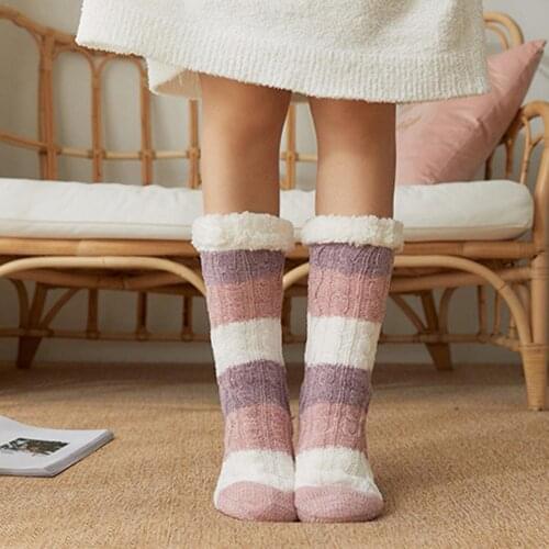 Thick warm sleep socks slippers socks Thicken Women Warm Non Mid Socks Tube Winter Casual Cute Slip Girls Stripe Print V5X5