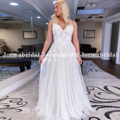 Spaghetti Straps Tulle Boho Wedding Dress Illusion Bodice Floral Applique Romantic Floor Length Bridal Gowns Vestidos De Novia