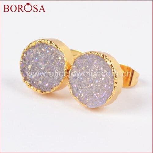 BOROSA 5Pairs 10mm Round Natural Agates Druzy Earring Titanium AB Stud Earrings Gold Plating Drusy Earrings Women Jewelry G0681