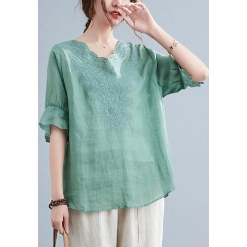 Johnature Summer New V-neck Vintage Women Tops 2021 Casual Loose Short Sleeve Embroidery Solid Color Irregular Female Shirts