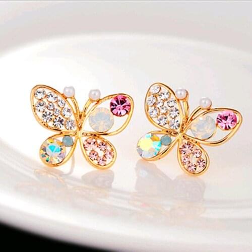 Golden New Korean Luxury Hollow Shiny Colorful Cystal Simulated Pearl 18KGP Butterfly Stud Earring