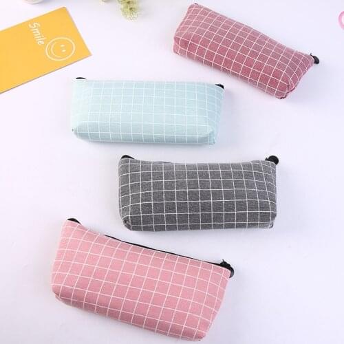 1@#1 Pcs Kawaii Pencil Case Lattice Stripe Canvas Zipper Pencil Bag School Supplies Stationery School Pencil Box Pencilcase