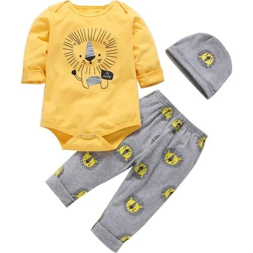 3PCS Infant Baby Boy Clothes Lion Print Tops Romper Long Pants Hat Casual Outfit Set Newborn Baby Sunsuit Playsuit