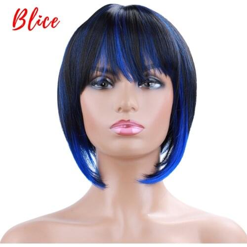 Blice 10 Inch Short Straight Synthetic Wigs Natural Mixed Color Wig FT1B /Blue Free-Side Bang For African American Women Wig