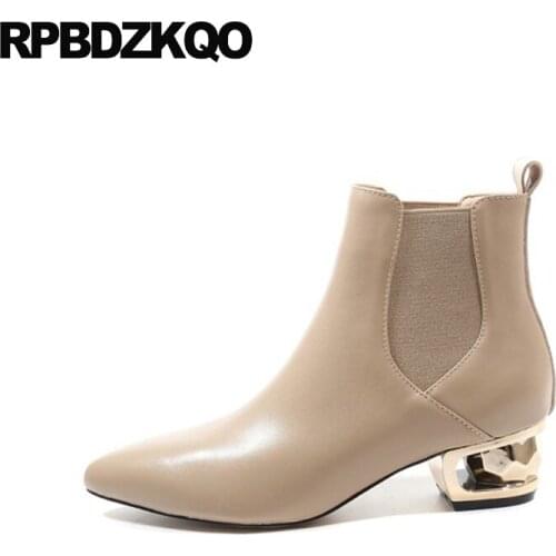 Chelsea Pointed Toe Booties Slip On Winter Chunky Faux Fur Short Genuine Leather Handmade Black Women Shoes Metal Heel Boots