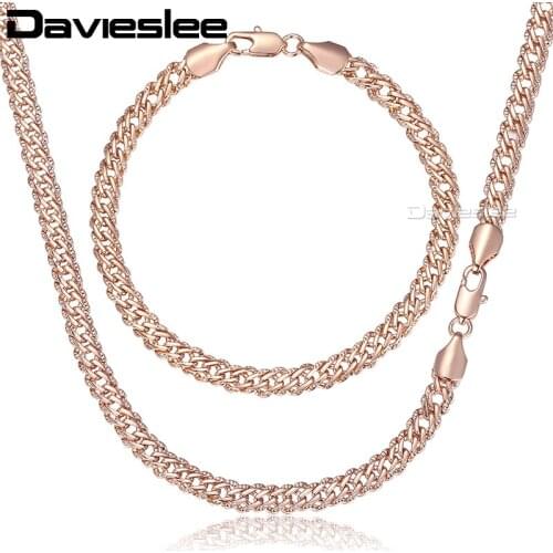 Davieslee Jewelry Set For Women 585 Rose Gold Bracelet Neckalce Set Hammered Venitian Chian 2018 Dropshipping Jewelry 5mm LGS280