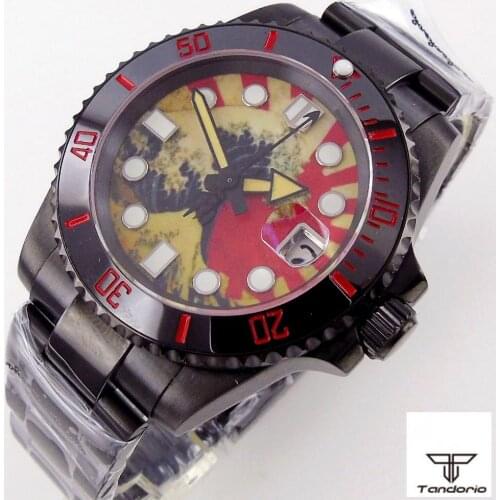 Black PVD Coated Kanagawa Dial 40mm Mens Automatic Watch Japan NH35 Movement Sapphire Glass Glide Lock Band Ceramic Insert