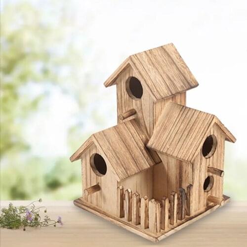 Wooden Bird House for Outside Small Outdoor Garden Bird Nesting Box Handmade Birdhouse with Hole and Fence for Bluebird