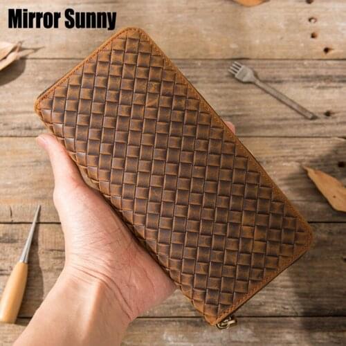 Handmade Cowhide Genuine Leather Long Wallet Multi-card Bag Mens Handbag Large Capacity Leather Zipper Mobile Phone Bag Clutch