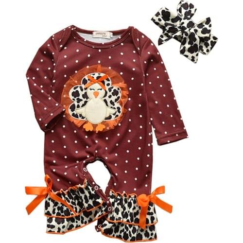 FOCUSNORM Thanksgiving Day Baby Girls Boys Rompers 0-18M Turkey Printed Ruffles Long Sleeve Jumpsuits Headband