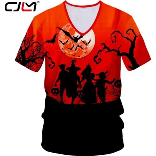 CJLM Winter Halloween Man Tee Shirt 3D Printed Bat Moon Mens V Neck Tshirt Black Witch And Child Unisex T-shirt Wholesale